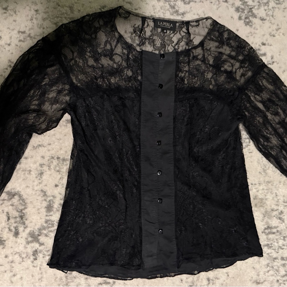 La Perla Black Sheer Buttoned Blouse with Bib Collar